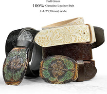 Load image into Gallery viewer, Elegant Genuine Leather Western Floral Engraved Belt with Interchangeable Buckle