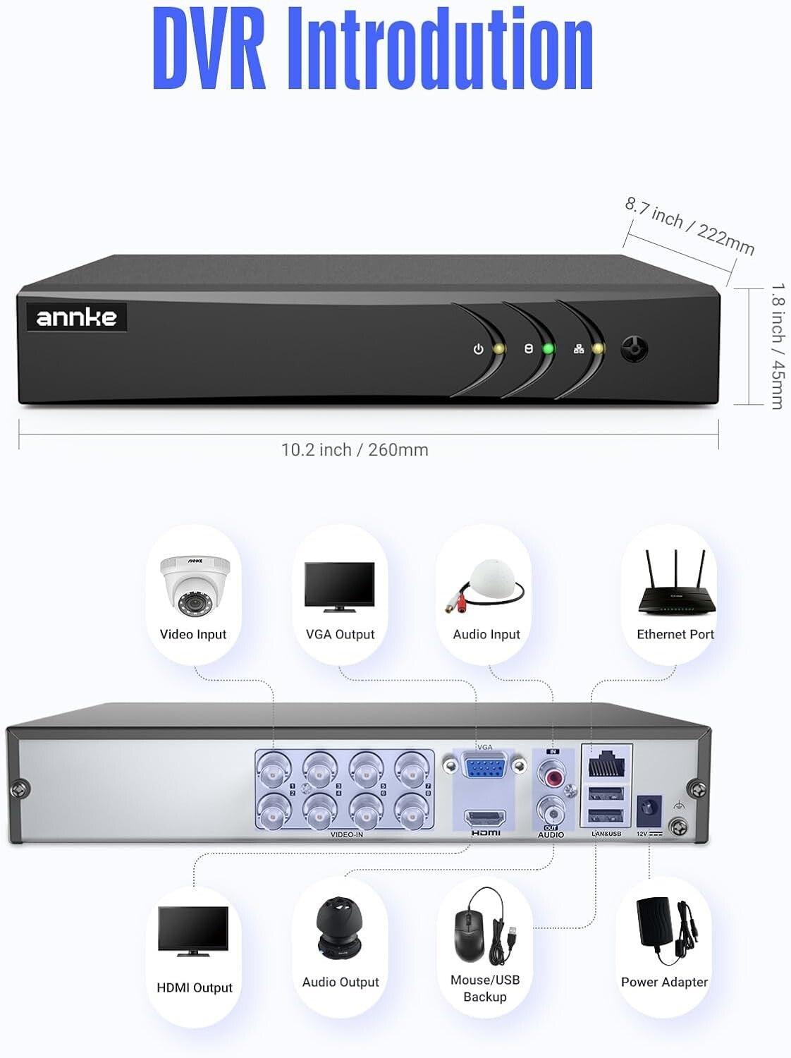 8CH 5-in-1 Security DVR Recorder with AI Alerts & Efficient H.265 Compression