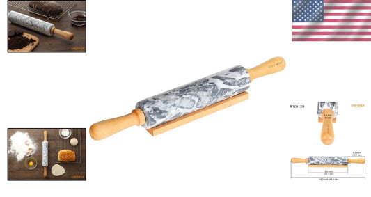 Elegant 18-Inch Marble Rolling Pin with Wooden Handles - Non-Stick Gray & White