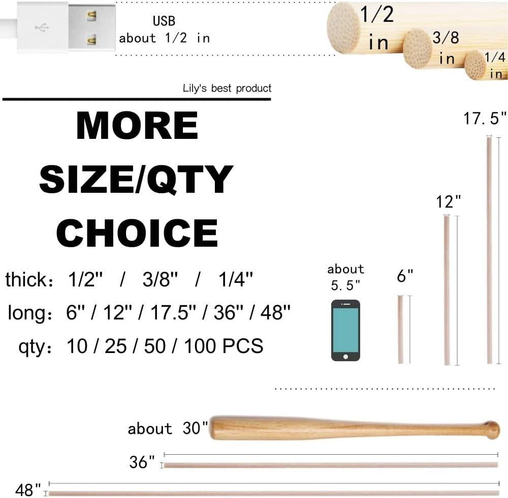 Durable 50PCS Bamboo Doweling Rods - Perfect for Crafts and DIY Projects