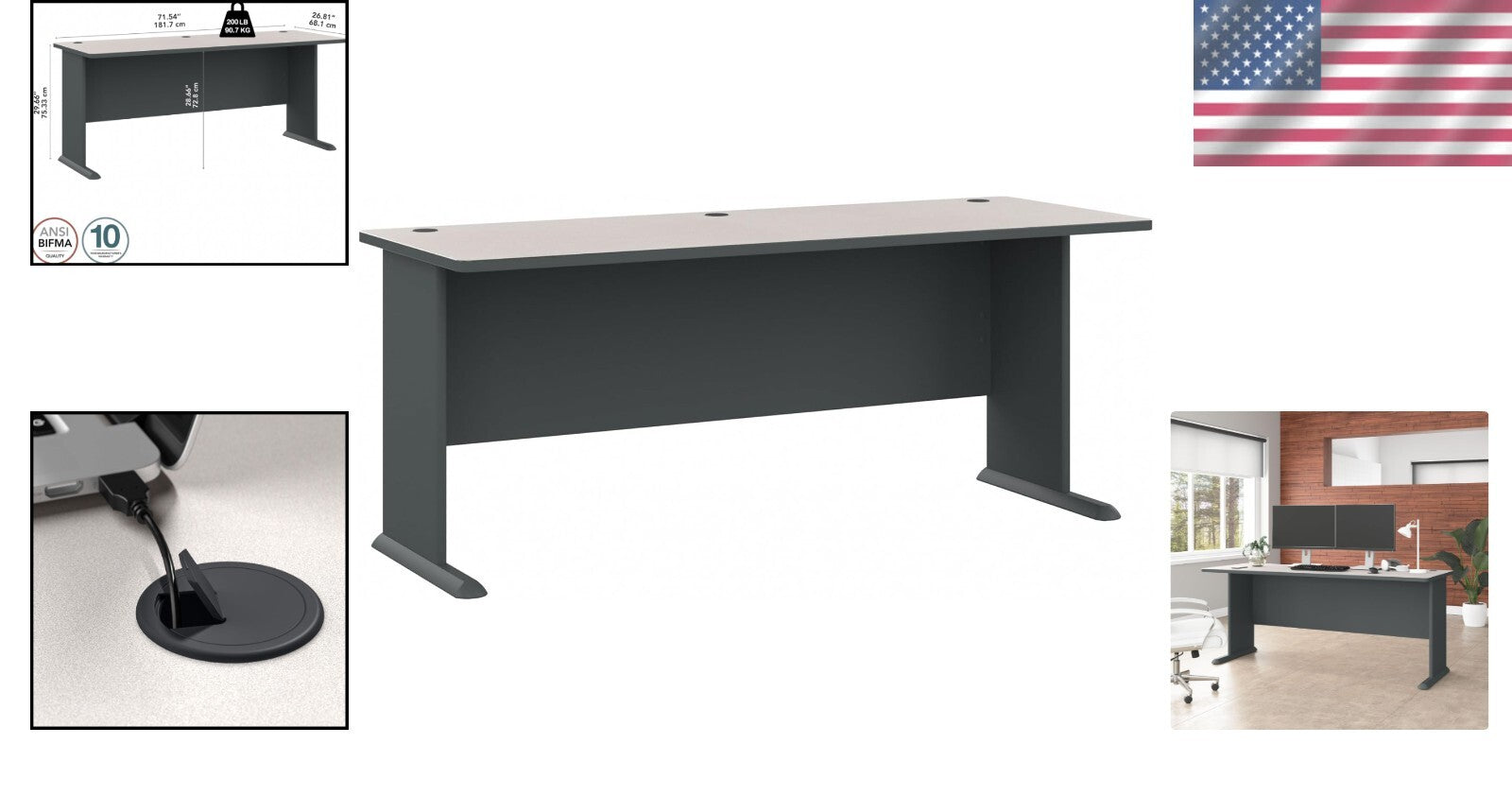 Bush 72W Executive Desk with Wire Management - Slate & White Spectrum Elegance