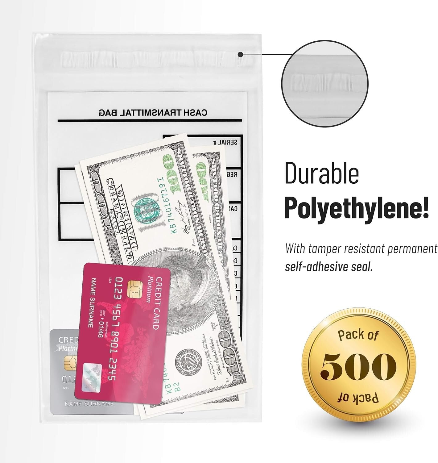 Secure Tamperproof Cash Bags - 6x9 Inch Self-Adhesive Envelopes, 500 Per Pack