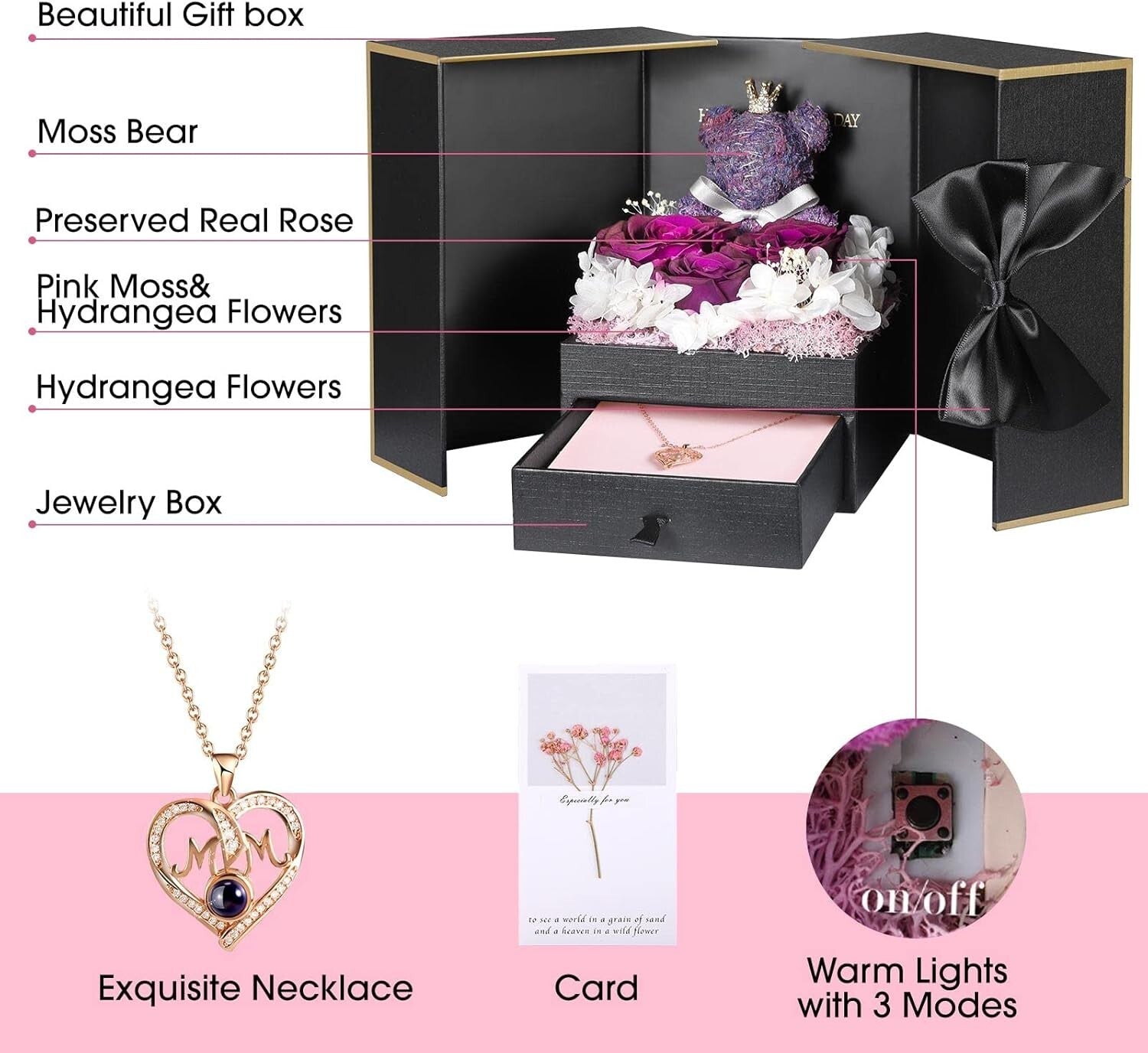 Charming Gift Set for Mom: Roses, Bear, and I Love You Necklace in Rose Gold