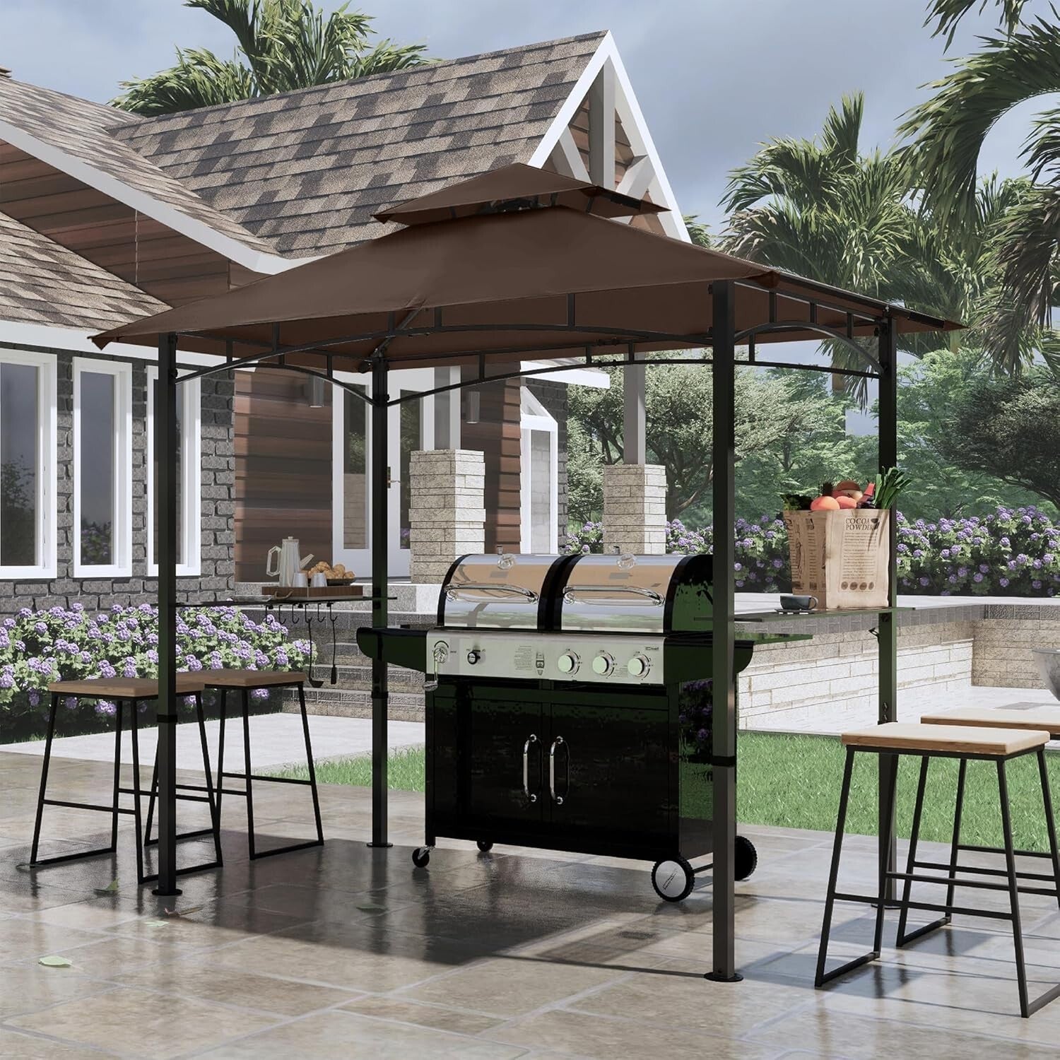 Stylish 8' x 5' BBQ Canopy Gazebo with Waterproof Design and LED Lighting