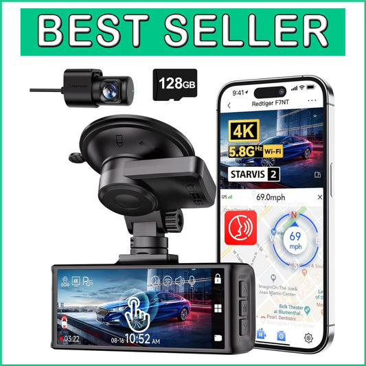 4K Dash Cam Front & Rear with GPS, Touch Screen & Voice Control - 128GB Included