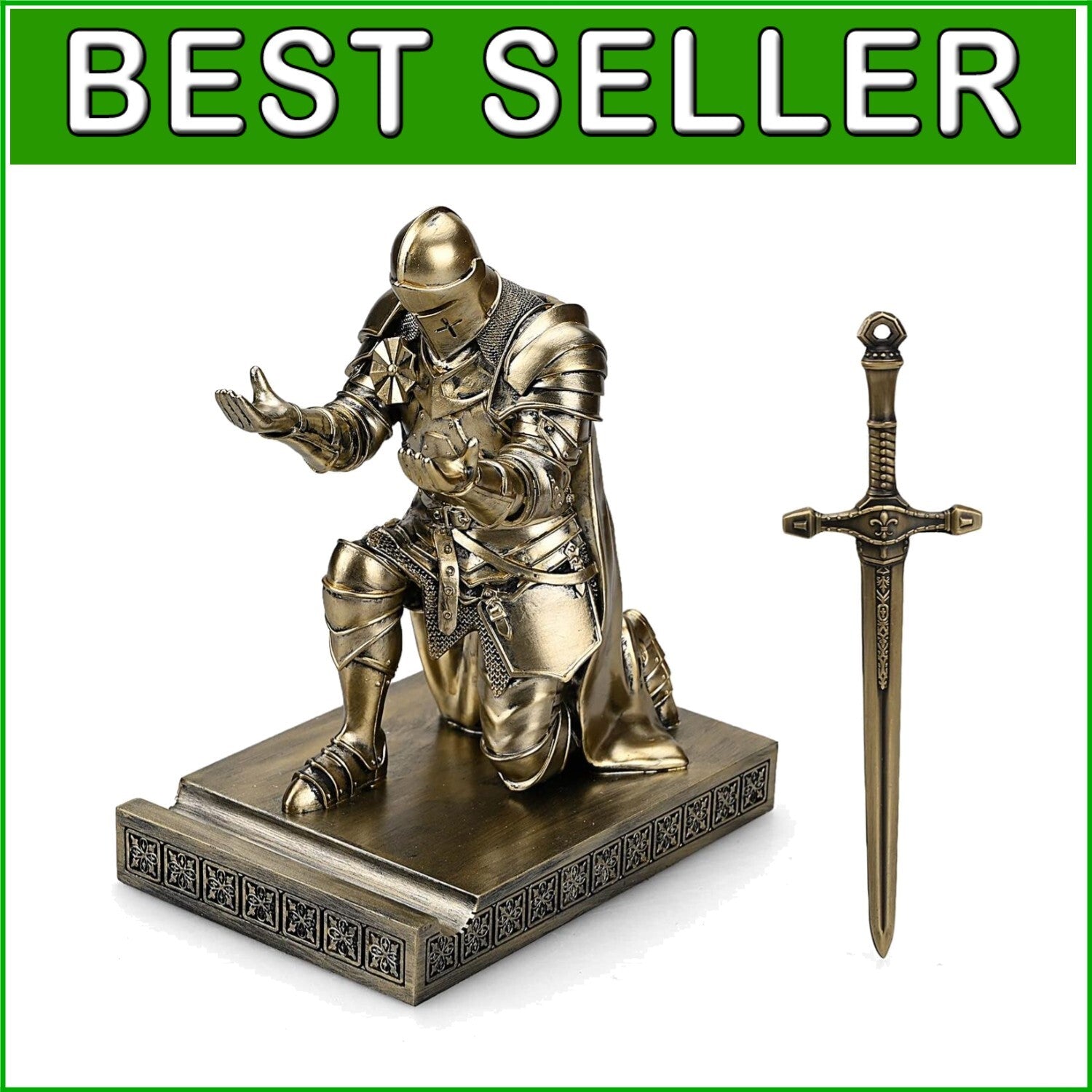Elegant King's Guard Knight Pen Holder & Mobile Stand - Bronze Desk Ornament