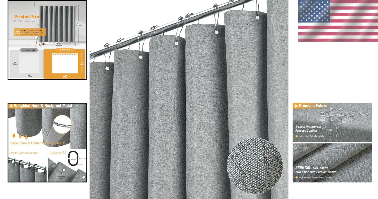 Extra Wide 108x72 Inch Waterproof Linen Textured Shower Curtain Set in Grey