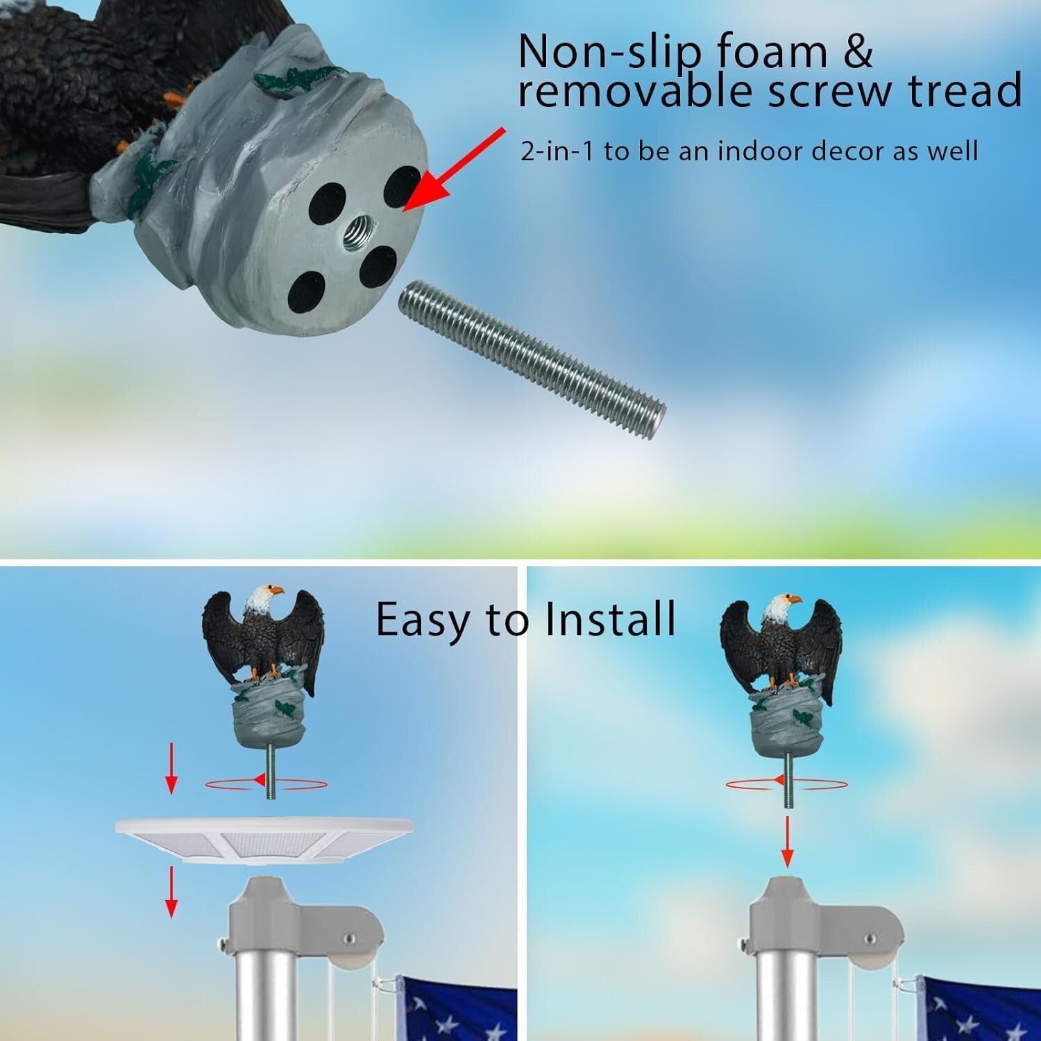 Durable 2-in-1 Bald Eagle Flag Pole Finial - 12" Resin Decor for Patriotic Homes