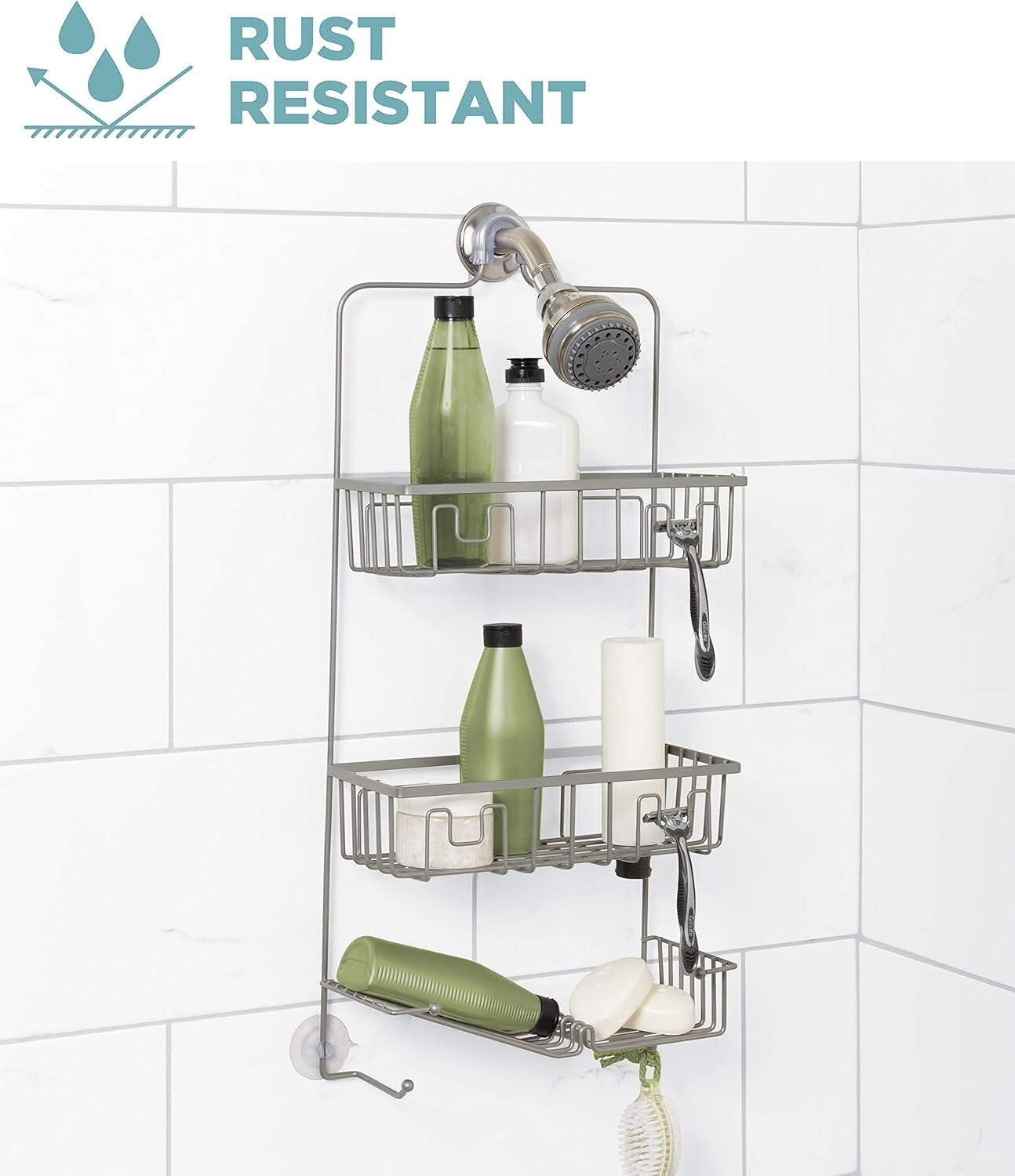 Easy-to-Install Satin Nickel Shower Caddy with 3 Compartments & Hooks
