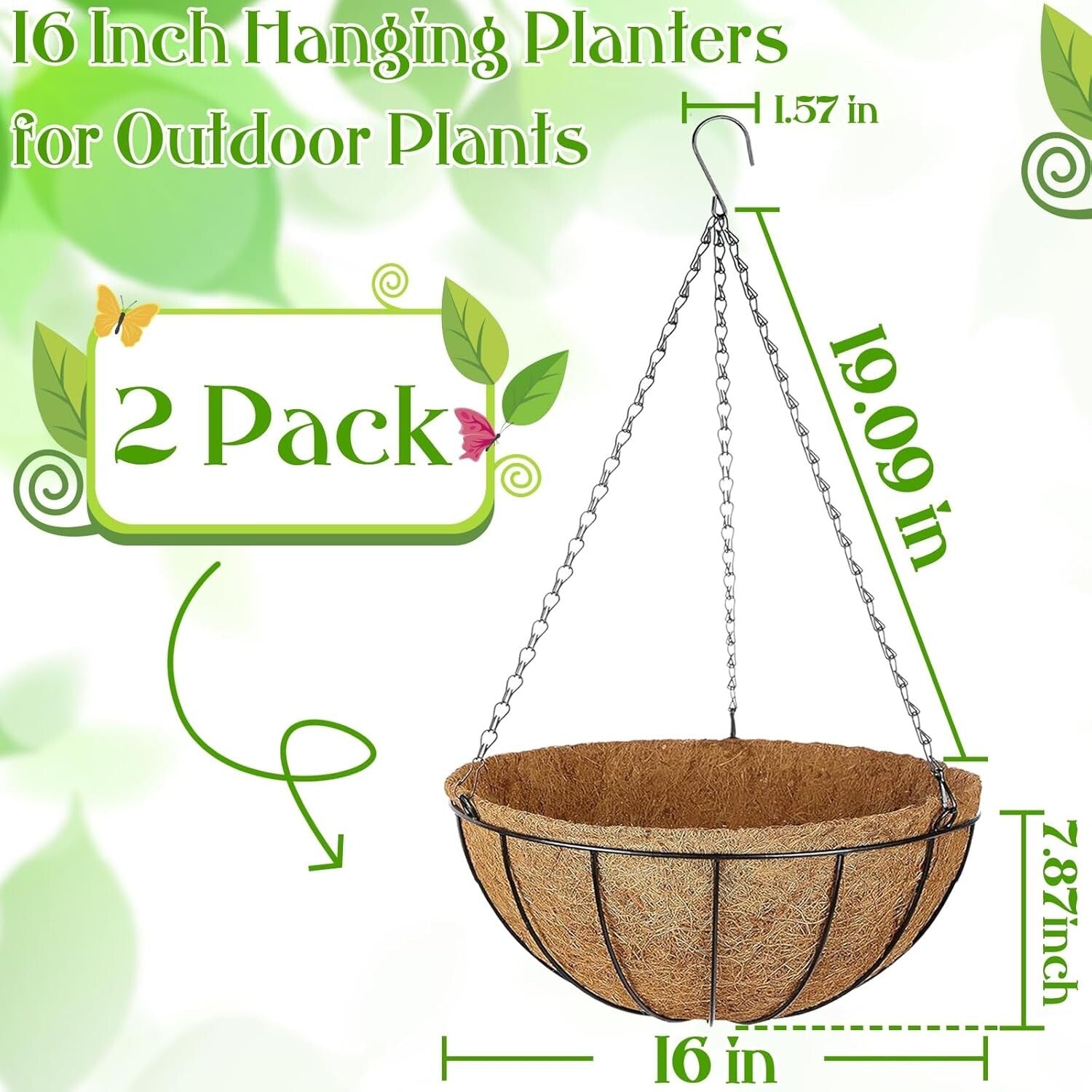 2 Pack 16 Inch Round Hanging Planter Baskets with Natural Coconut Liners