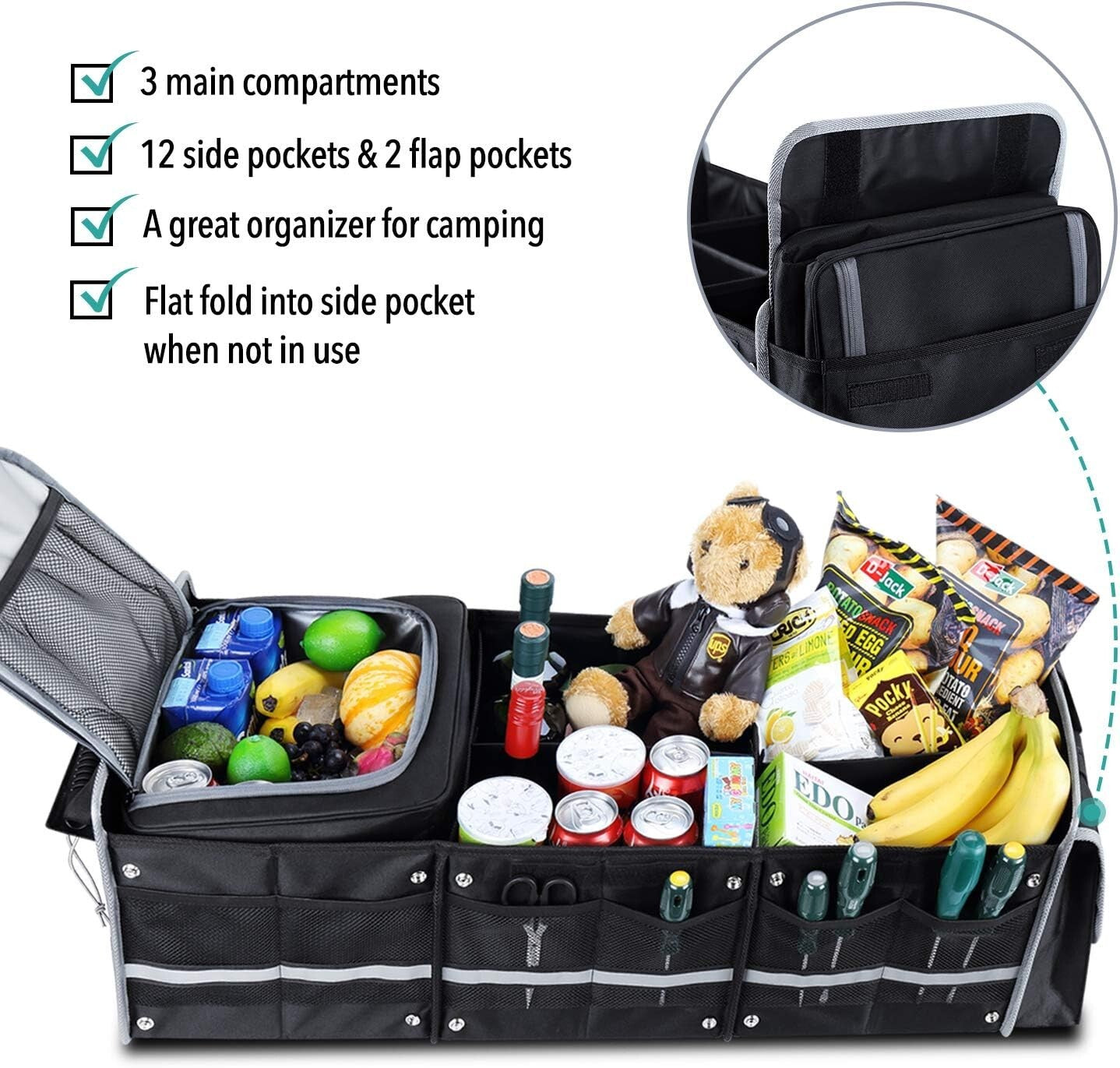 Durable Black Trunk Organizer with Adjustable Straps & Insulated Cooler Bag