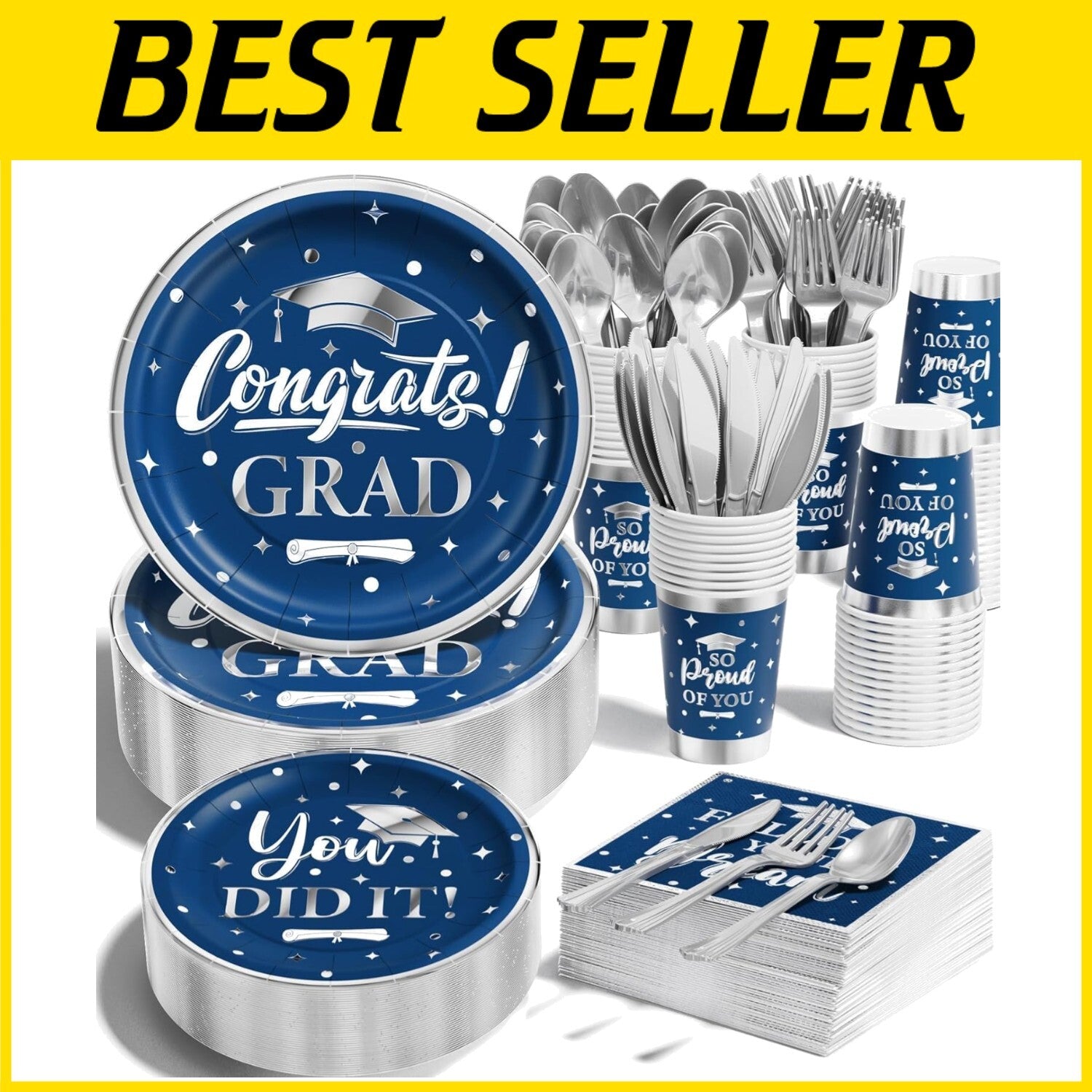 Blue & Silver Graduation Dinnerware Set - 350PCS for Class of 2025 Celebrations