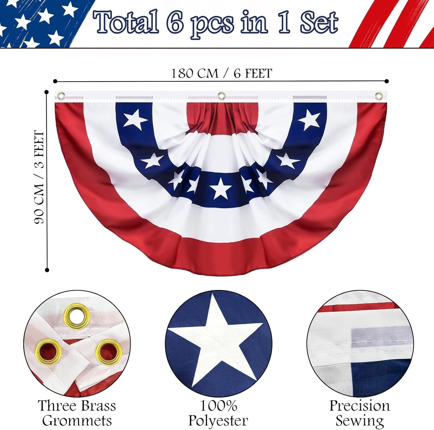 6 Pack Pleated American Flag Bunting 3x6 Feet - Perfect for 4th of July Decor