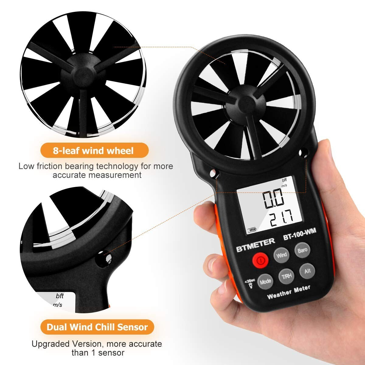 Portable Anemometer with LCD Backlight: Measure Wind Speed & Barometric Pressure
