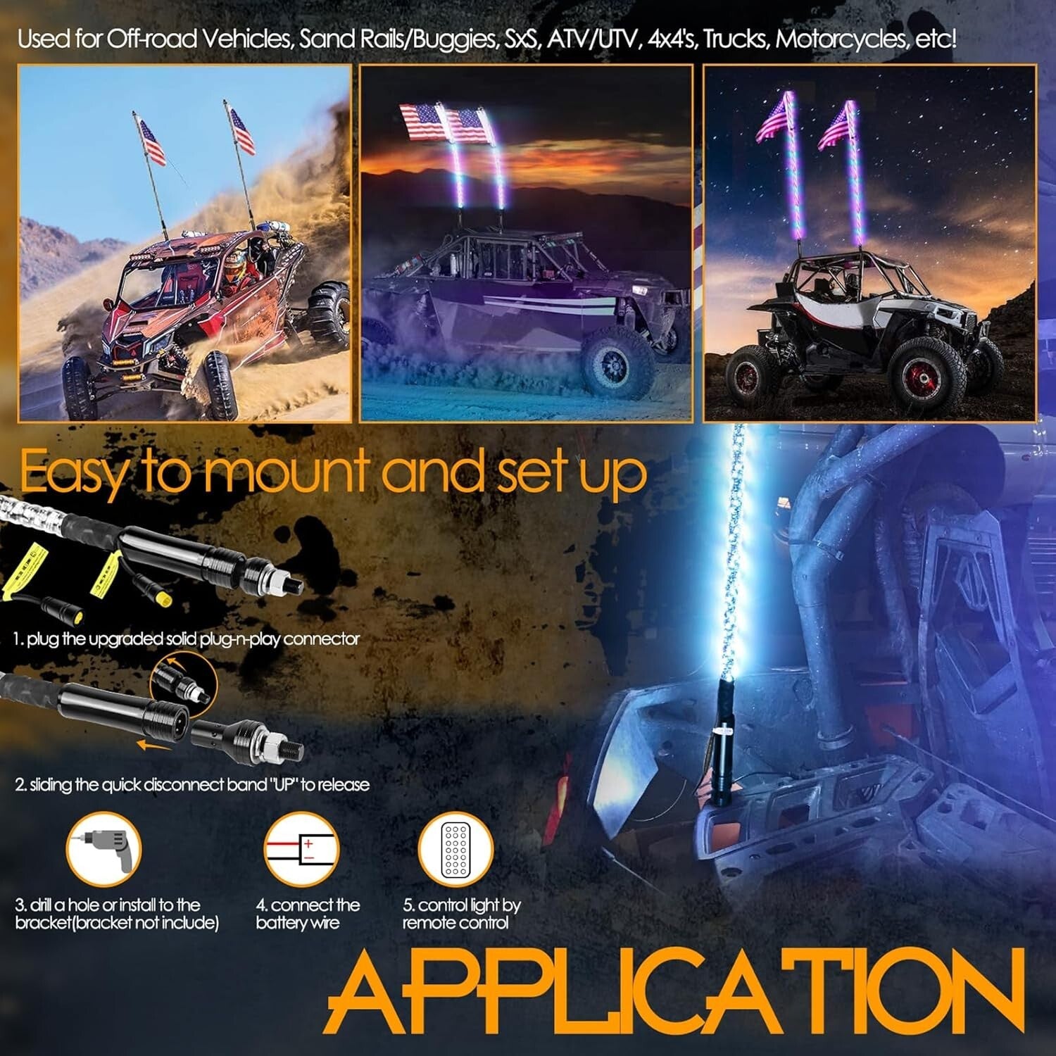 Ultimate 5ft RGB LED Whip Lights - Remote Controlled Offroad Adventure Lighting