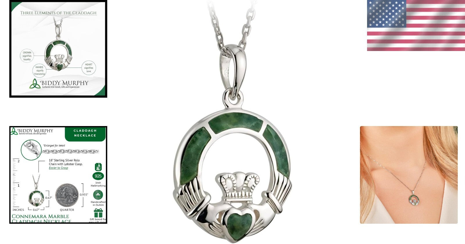 Artisan Irish Claddagh Pendant with Connemara Marble - Elegant Celtic Jewelry