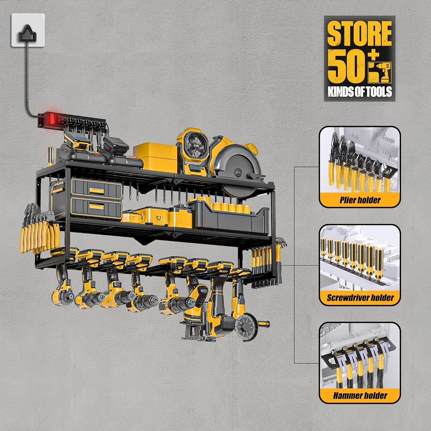 3-Layer Tool Storage Shelf with Detachable Power Strip - Ideal for Garage Space