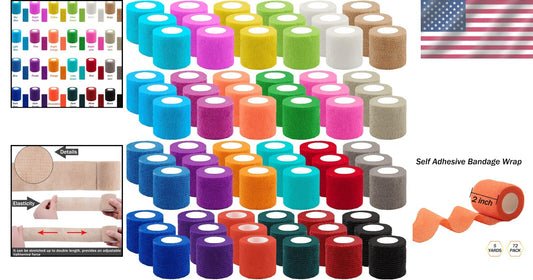 72 Rolls 2" Self-Adhesive Bandage Wrap - Colorful Stretch Bandages for All Needs