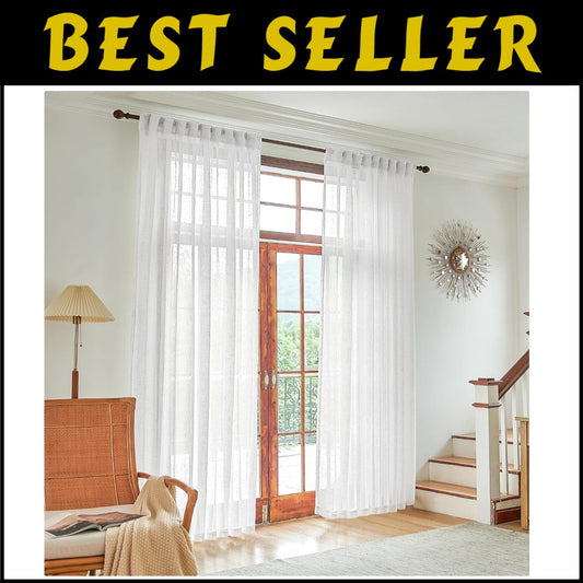 Chic 84"x96" White Linen Sheer Back Tab Curtains - Perfect for Living Room Decor