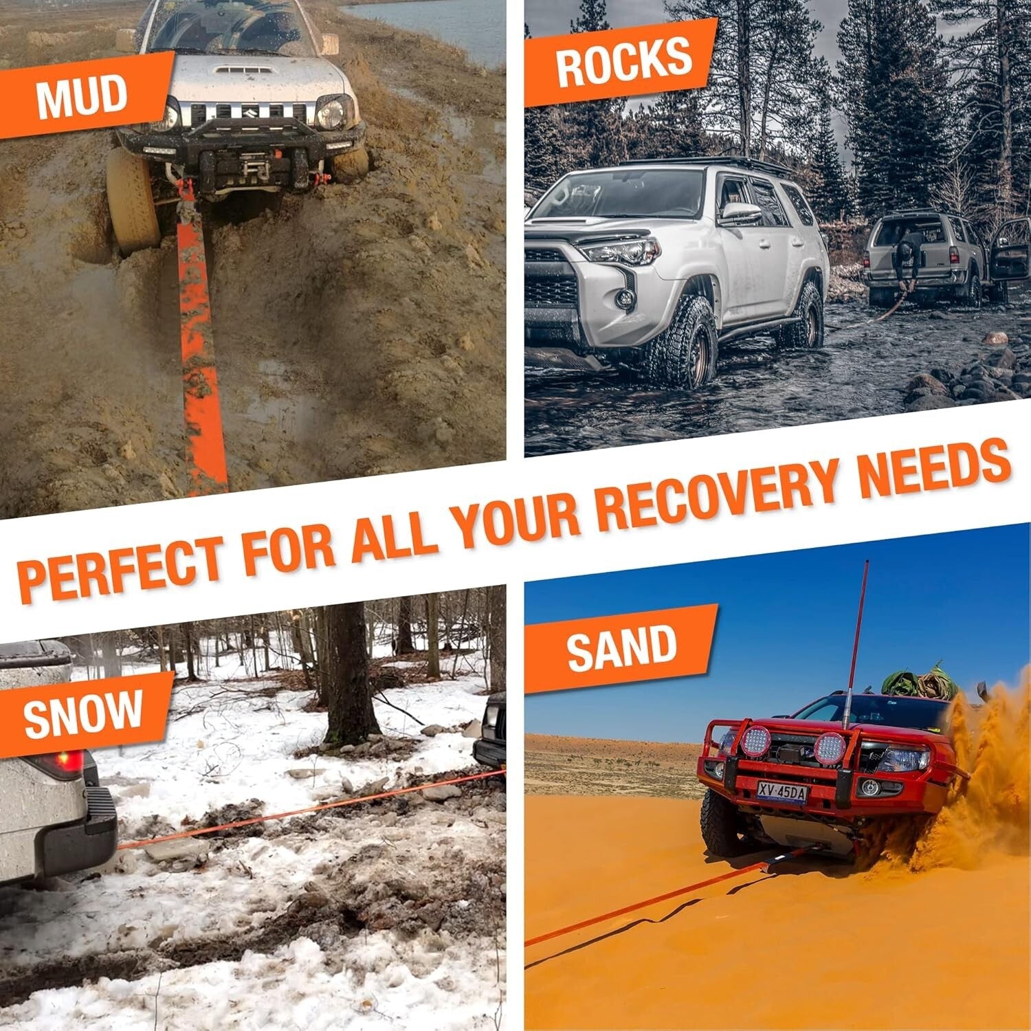 Weather-Resistant 4" x 30' Tow Strap Kit with 22% Elongation for Safe Recovery