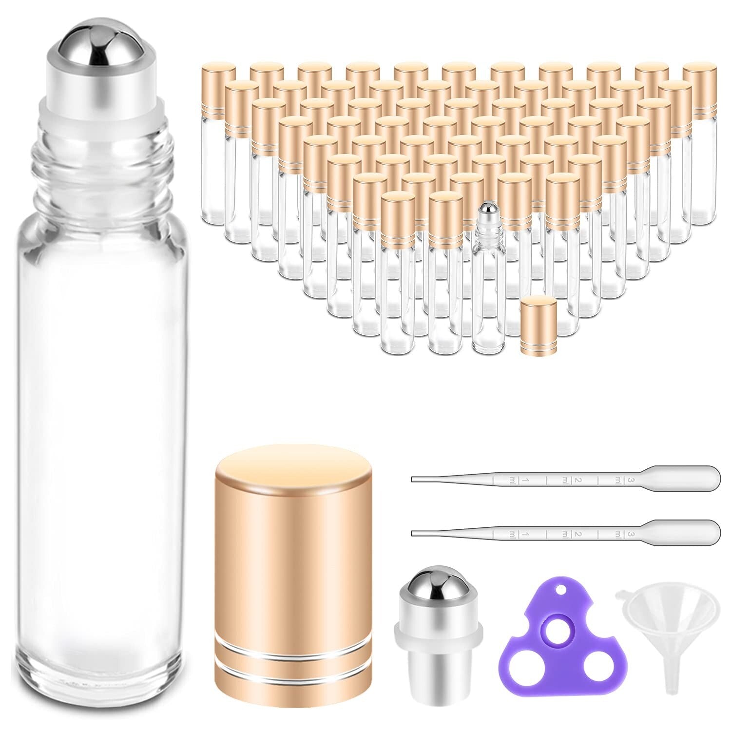 60 Pack Essential Oil Roller Bottles - 10ml Glass with Labels & Accessories