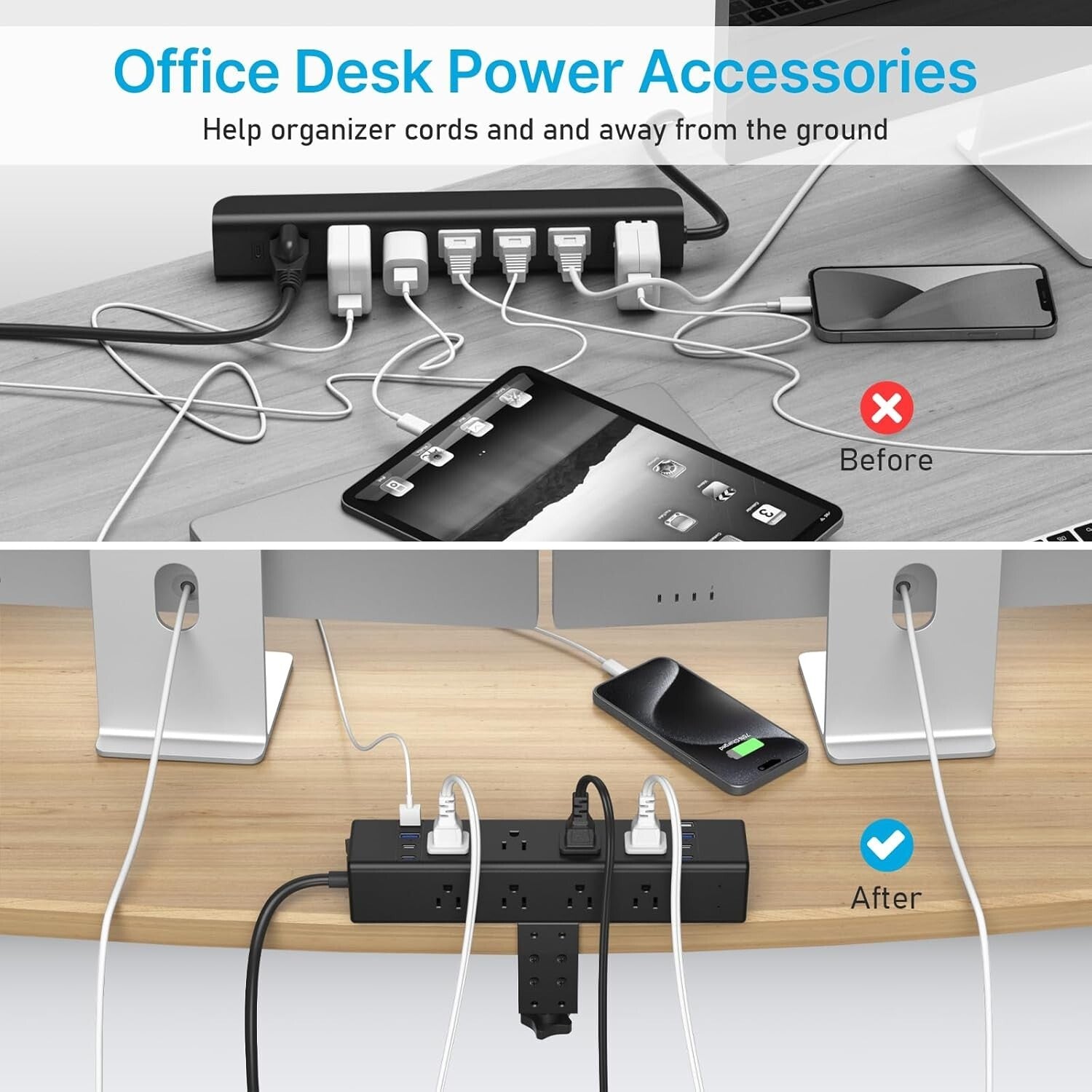 Flexible Desk Outlet Station: 12 USB and AC Ports with Clamp Mount - Black 6FT