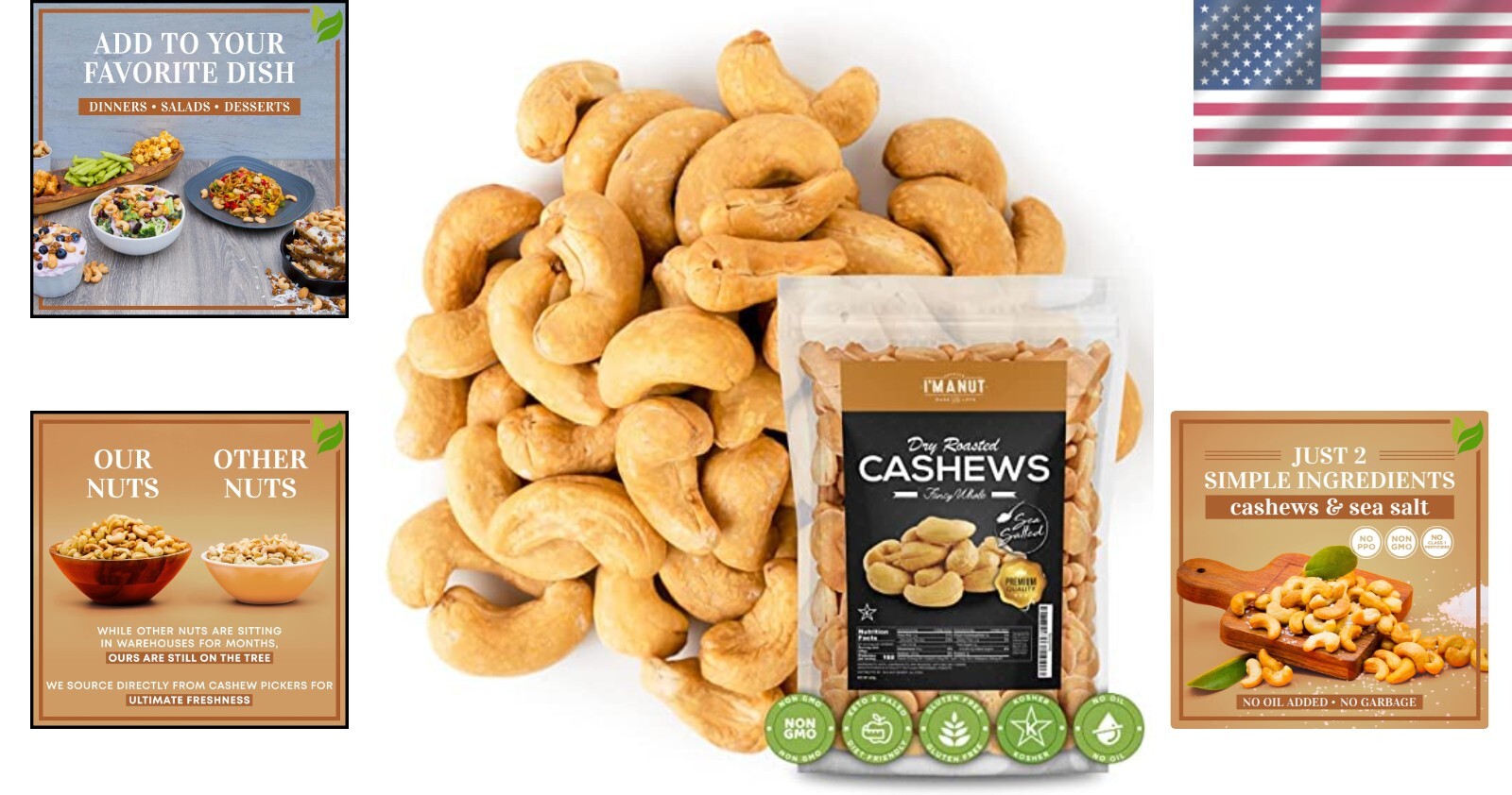 64 Oz Oven Roasted Fancy Cashews with Sea Salt - Vegan, Keto-Friendly Snack