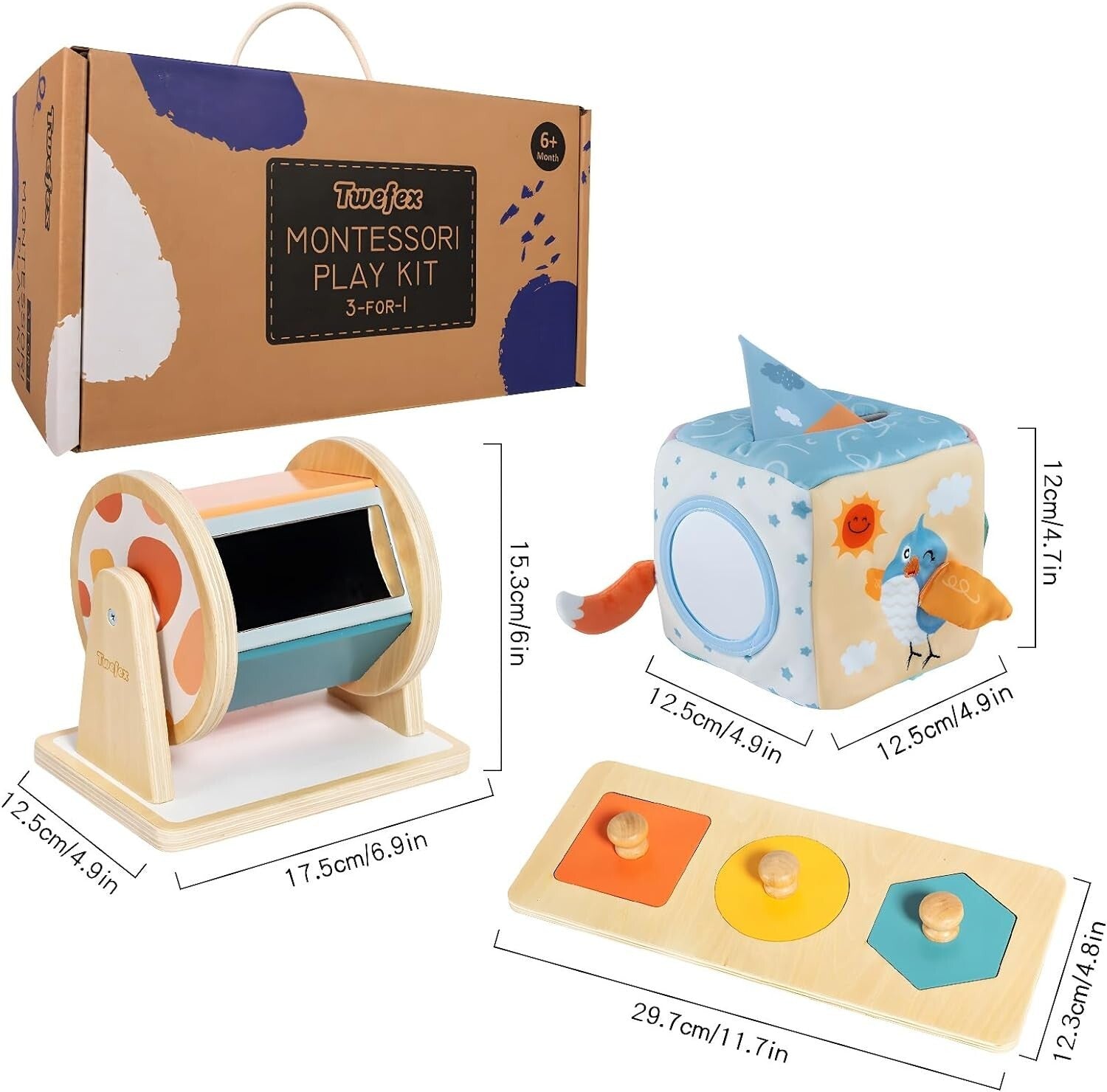 Baby Sensory Play Kit: Spinning Drum, Tissue Box & Peekaboo Puzzle for Infants