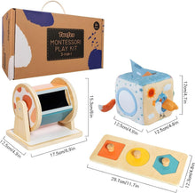 Load image into Gallery viewer, Baby Sensory Play Kit: Spinning Drum, Tissue Box &amp; Peekaboo Puzzle for Infants
