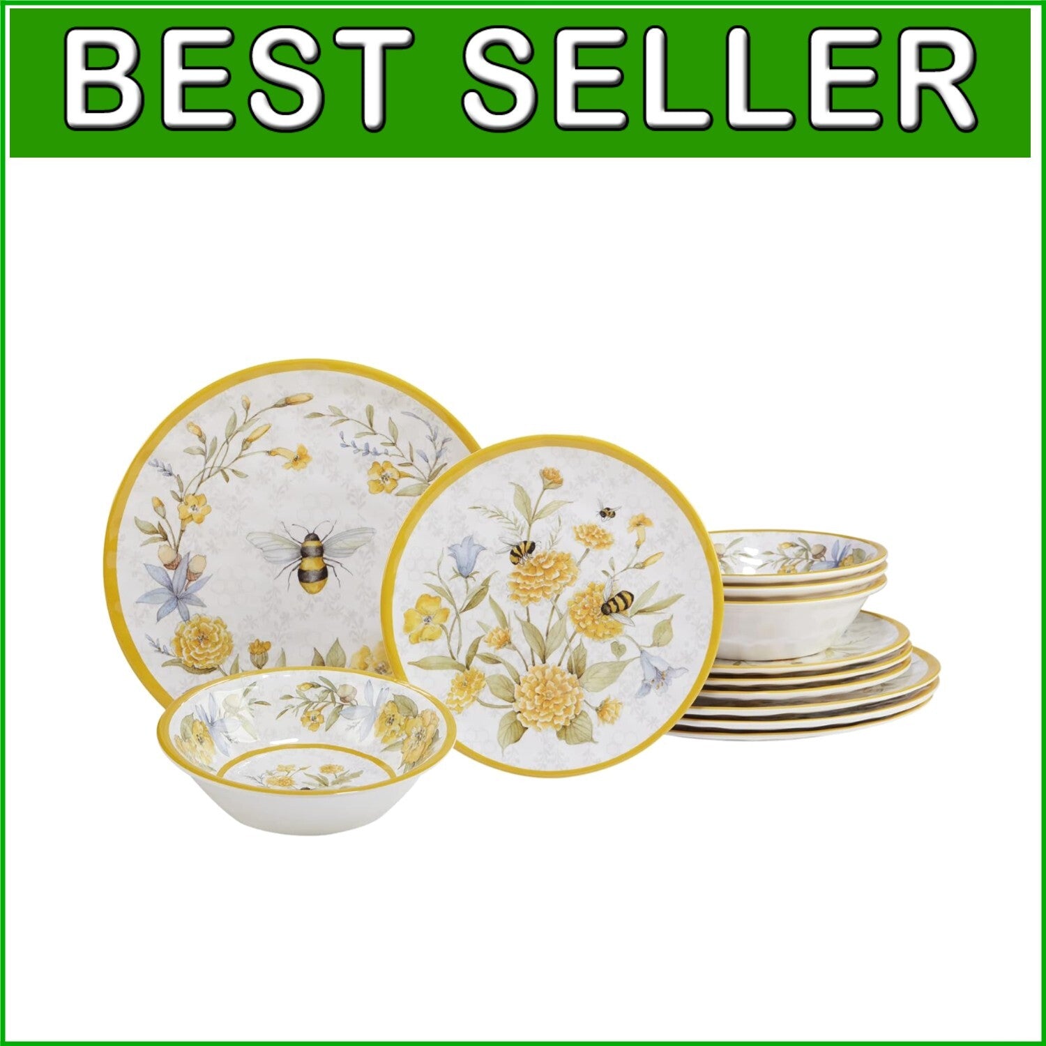 Charming Bee & Floral 12-Piece Melamine Set for Spring & Summer Entertaining