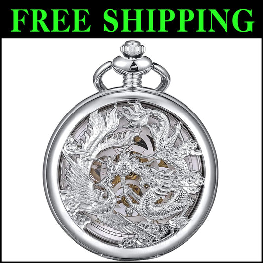 Elegant Mechanical Pocket Watch with Skeleton Dial - Dragon & Phoenix Design