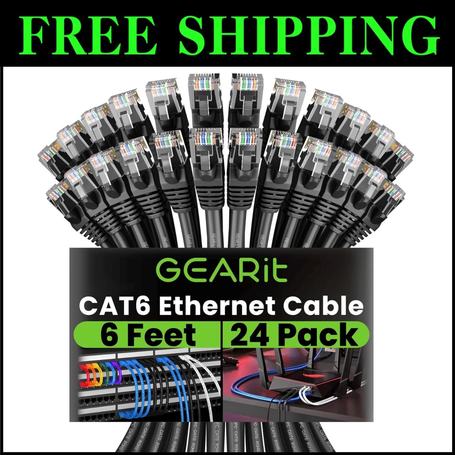 Reliable Cat 6 Ethernet Cable 24-Pack - 6 Feet with Gold-Plated RJ45 Connectors