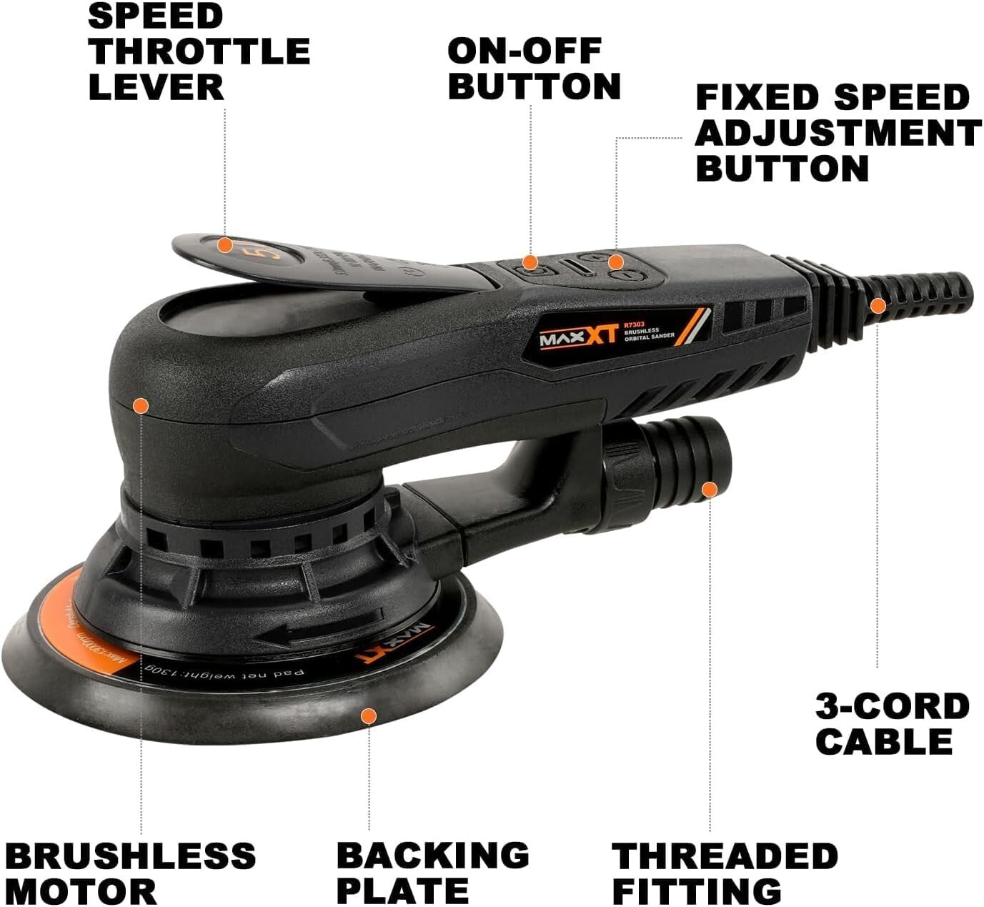 350W Electric Brushless Orbital Sander with Variable Speed & 10 Sanding Papers