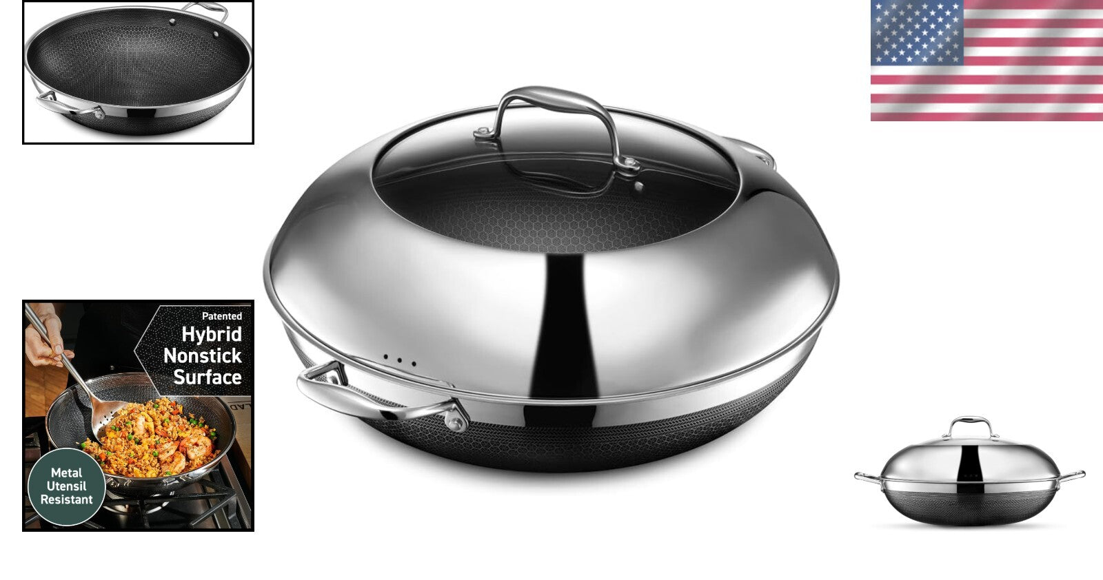 Versatile 14-Inch Nonstick Hybrid Wok with Stainless Steel Lid & Cool Handles