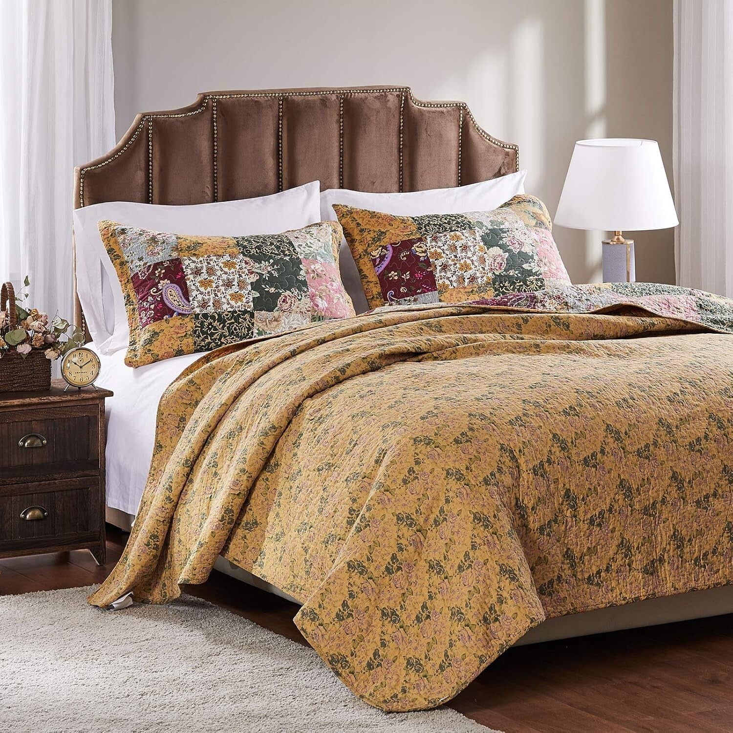 Elegant 3-Piece Full/Queen Cotton Patchwork Quilt Set - Natural Floral Design