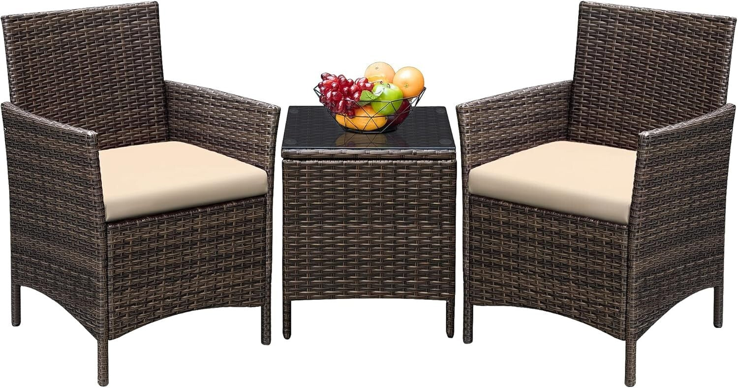 Elegant 3-Piece Outdoor PE Rattan Wicker Chairs with Soft Cushions & Glass Table