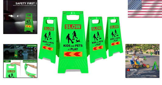 2-Sided Reflective Kids At Play Warning Sign - Foldable & Lightweight, 4 Pack