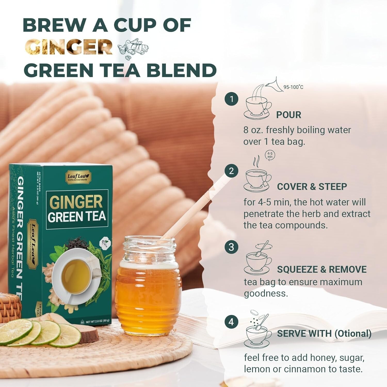 Natural Green & Ginger Tea Bags - Warming 160-Pack for Daily Invigoration