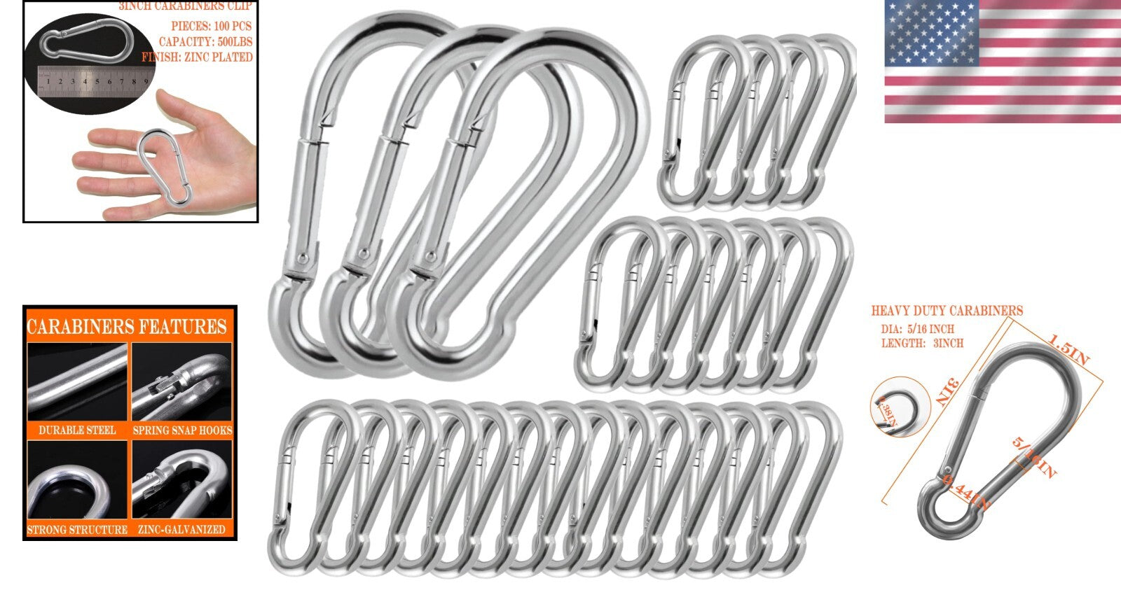 500lbs Capacity M8 Steel Carabiner Clips - Perfect for Outdoor Activities