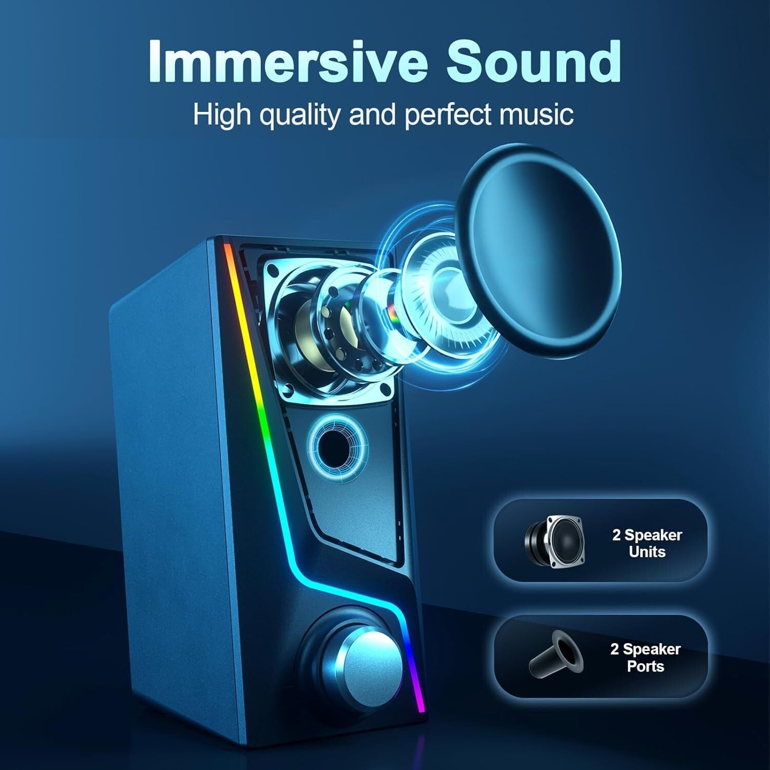 2.1 Hi-Fi USB Powered Speakers with Subwoofer – Enhanced Bass & 6 Lighting Modes