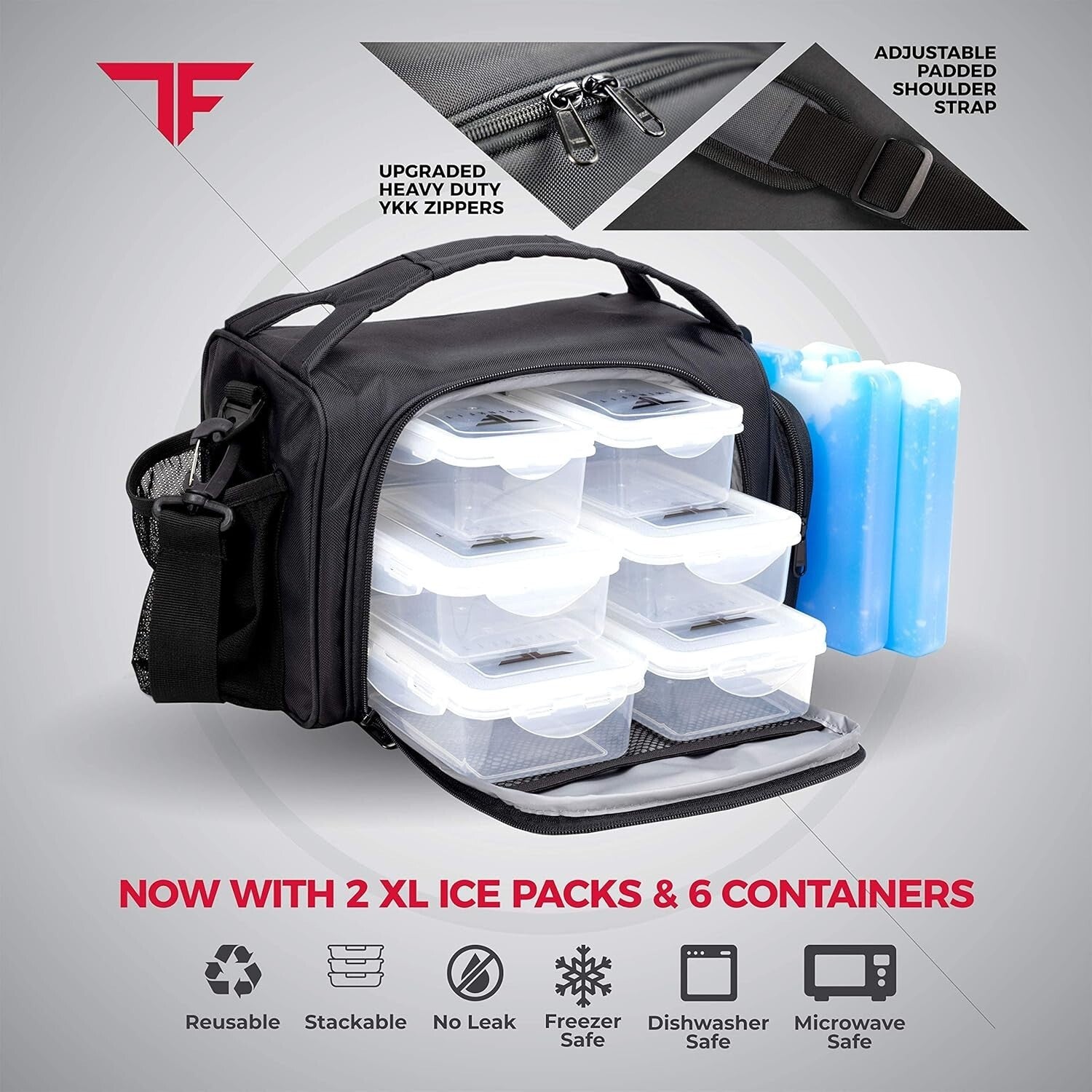 Double Insulated Meal Prep Lunch Bag with 6 Reusable Food Containers & Ice Packs