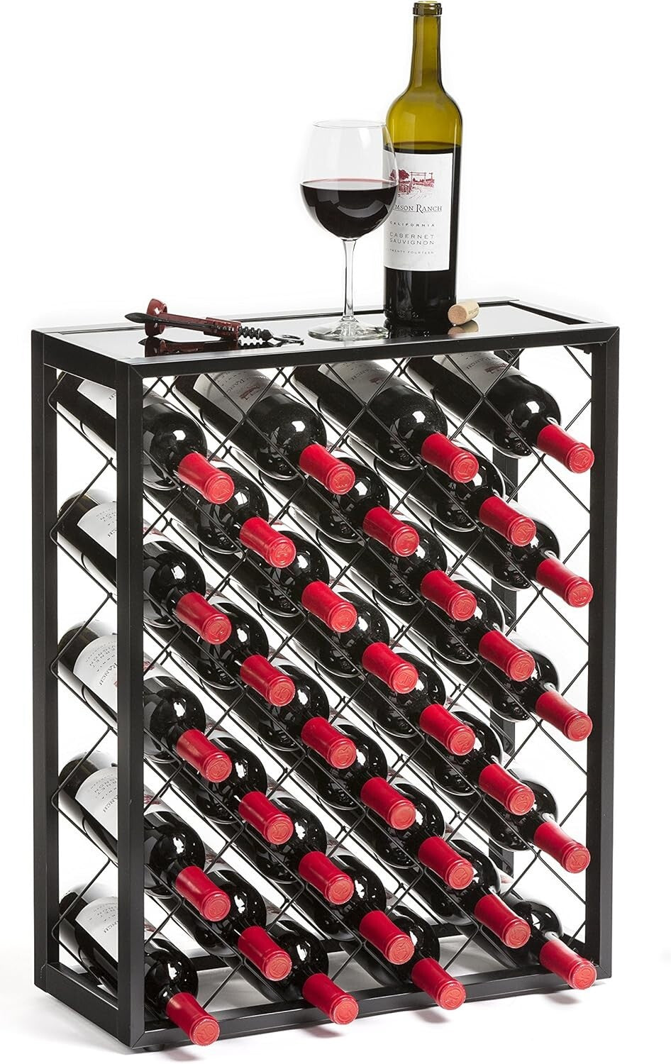 Modern Free-Standing Wine Rack with Tempered Glass Top - Holds 32 Bottles