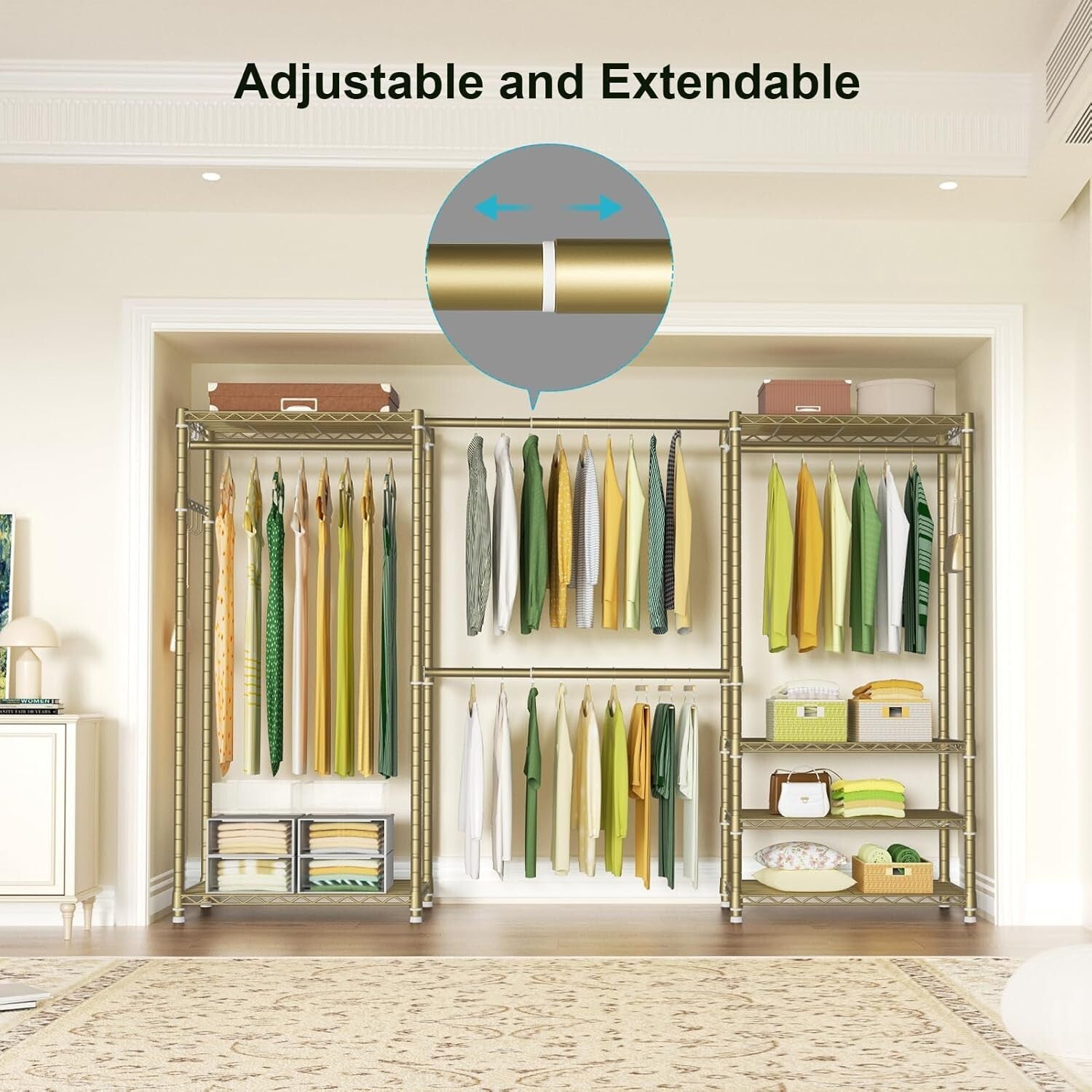 E1 Heavy Duty Adjustable 6-Tier Closet Garment Rack - Expandable Gold Organizer