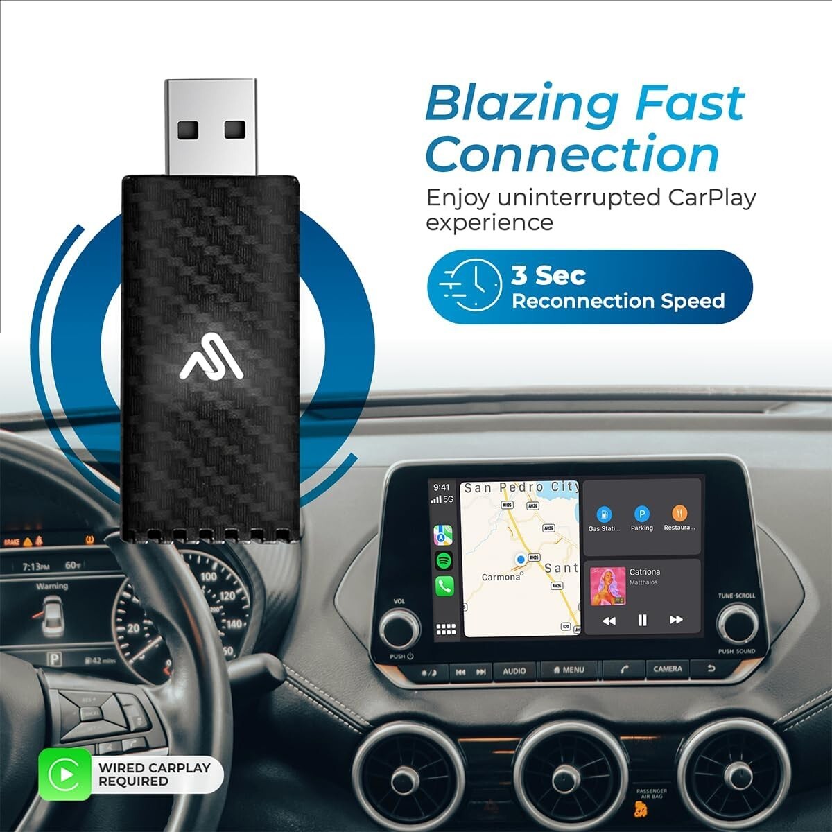Fast Wireless CarPlay Dongle – Easy Bluetooth Setup with USB-A and USB-C Cables