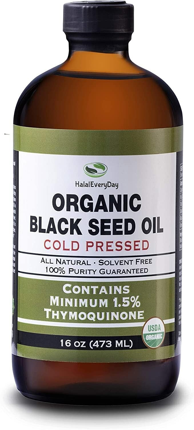 Premium Organic Black Seed Oil in 16oz Glass Bottle - Halal, Vegan, No Additives