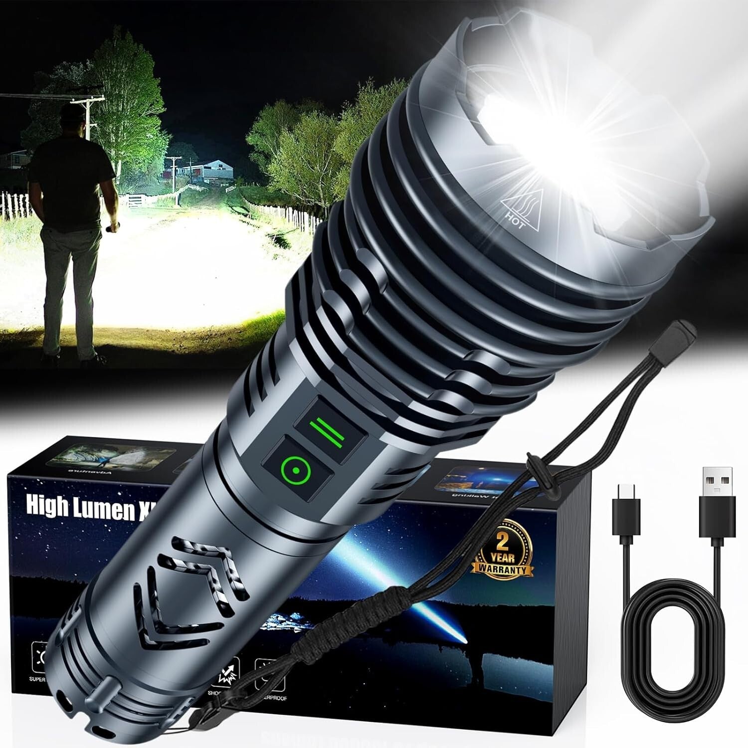 5500 Lumens Tactical Flashlight - Waterproof, 6 Modes, USB Rechargeable Power