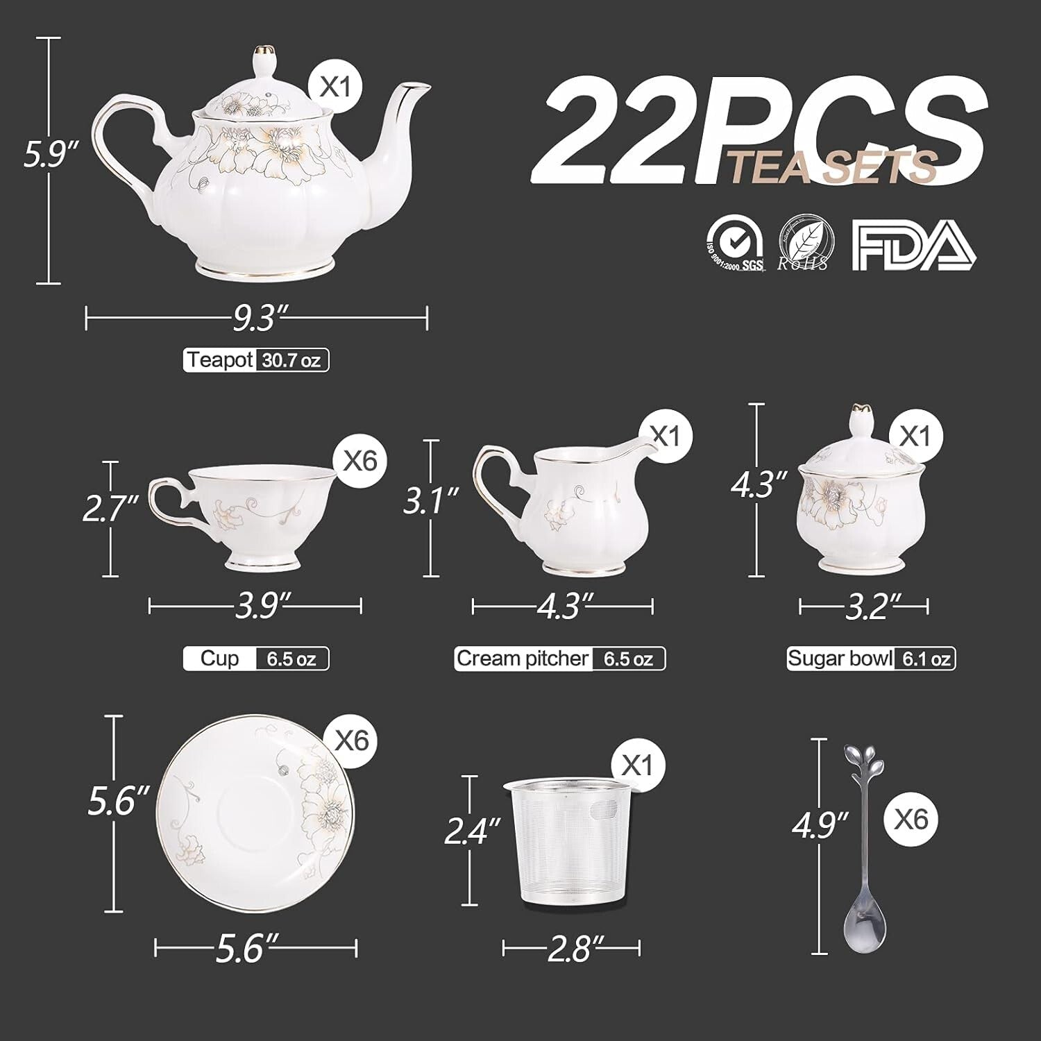 22-Piece Luxury Porcelain Tea Set with Exquisite Floral Design - Perfect Gift