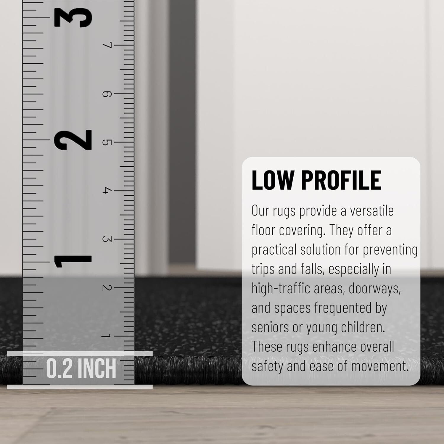 Durable Low Pile Runner Rug - Machine Washable, Non-Slip, 2'7" x 12' in Black