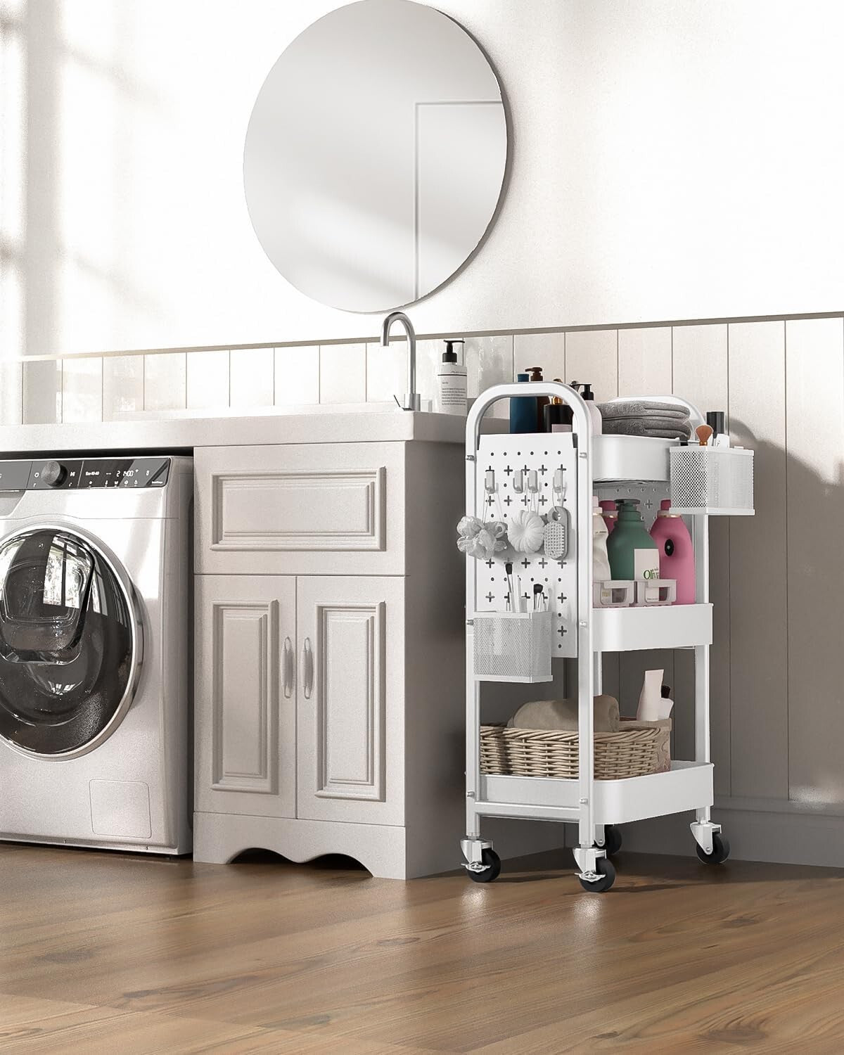 Durable 3-Tier Rolling Cart with Baskets & Hooks - Easy Assembly Required