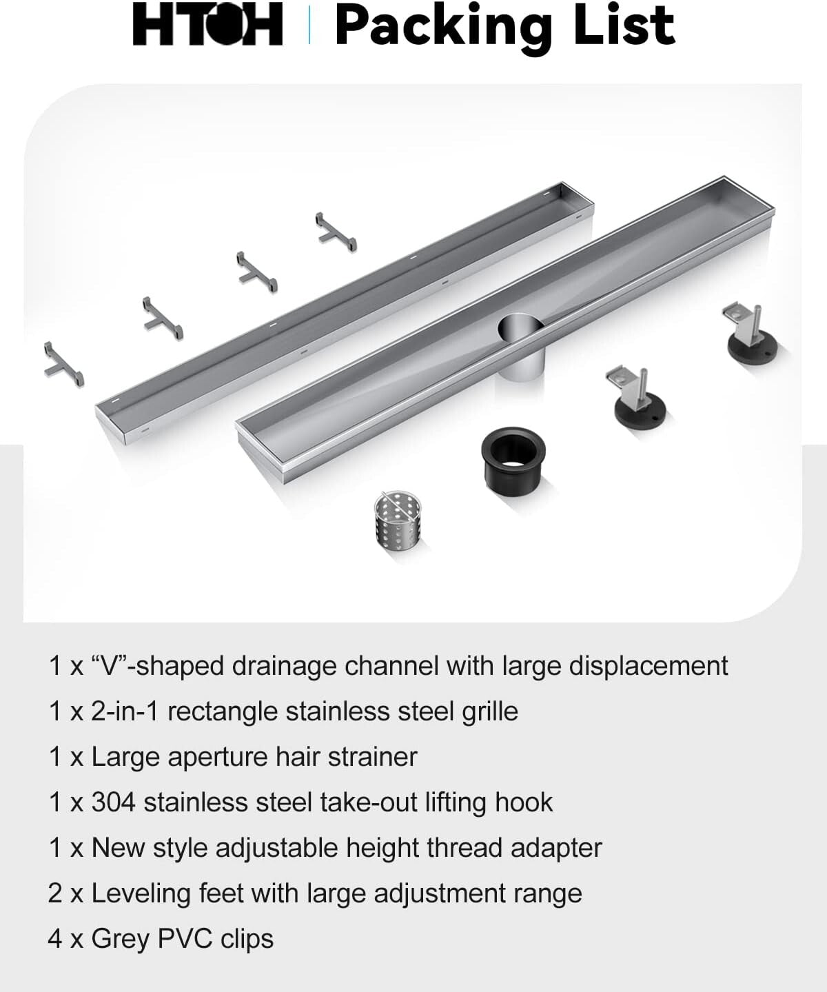 304 Stainless Steel Shower Drain with Adjustable Feet and Hair Strainer, 18 Inch